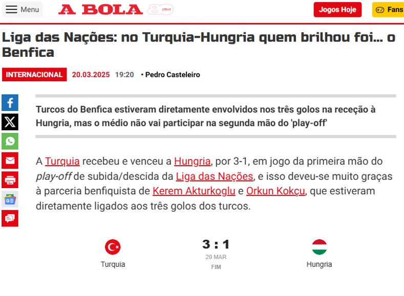Portekiz, Orkun Kökçü ve Kerem Aktürkoğlunu konuşuyor Bizim Türk çocukları için ne geceydi ama Macaristan maçında Benfica parladı
