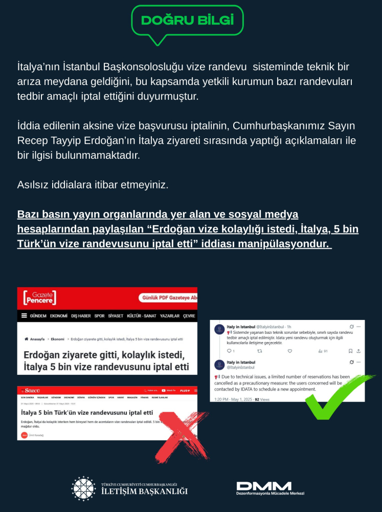 DMM: 'İtalya 5 bin Türk'ün vize randevusunu iptal etti' iddiası manipülasyondur