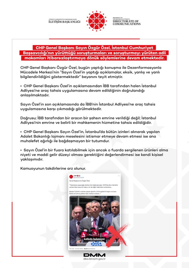 İletişim Başkanlığı: Özgür Özel, yürütülen soruşturmaları itibarsızlaştırmaya çalışıyor