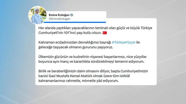 Emine Erdoğandan 29 Ekim mesajı: BAYRAĞI TÜRKİYE YÜZYILI İLE GELECEĞE TAŞIYACAĞIZ